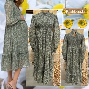 Pinkblush Olive Ditsy Floral Smocked Mock Neck Maternity Midi Dress Size M